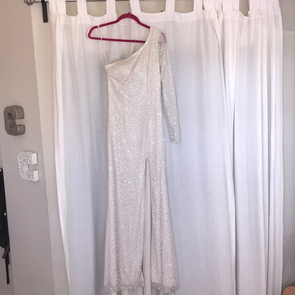 white sequin prom dress